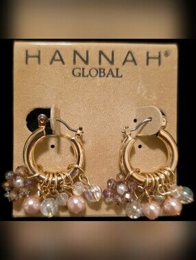 Hoop Earrings w/Pink Faux Pearl & Iridescent Crystal Charms